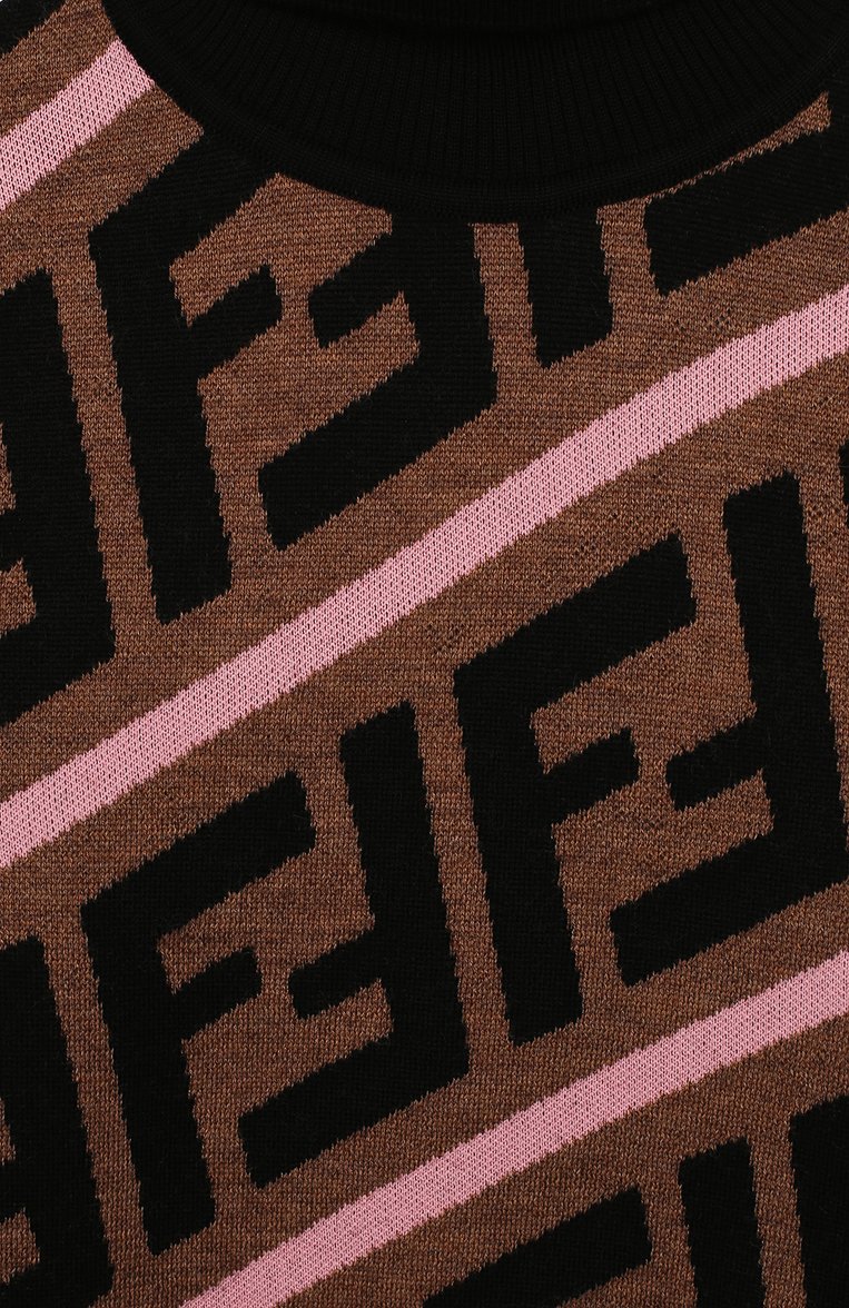 Детский укороченный свитер из шерсти FENDI коричневого цвета, арт. JFG051/A8L7/6A-8A | Фото 3 (Статус проверки: Проверена категория; Материал внешний: Шерсть; Рукава: Длинные; Принт: С принтом; Девочки Кросс-КТ: Свитер-одежда; Драгоценные камни: Проставлено; Материал сплава: Проставлено)