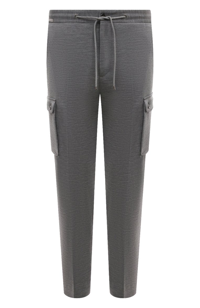 Мужские брюки-карго из шерсти и хлопка CORNELIANI темно-серого цвета, арт. 934L14-9318800 | Фото 1 (Драгоценные камни: Проставлено; Длина (брюки, джинсы): Стандартные; Материал внешний: Хлопок, Шерсть; Материал сплава: Проставлено; Случай: Повседневный; Силуэт М (брюки): Карго; Стили: Кэжуэл)