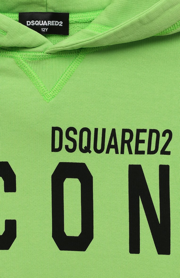 Детский хлопковое худи DSQUARED2 светло-зеленого цвета, арт. DQ049V/D002Y | Фото 3 (Рукава: Длинные; Материал внешний: Хлопок; Мальчики Кросс-КТ: Худи-одежда; Автоматизация состава: Проставлено; Автоматизация ТО: Проставлено)
