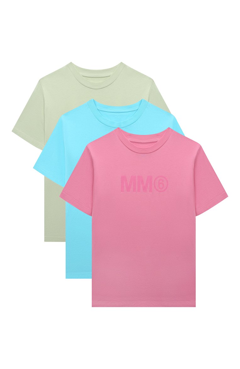 Детская комплект из трех футболок MM6 разноцветного цвета, а�рт. M60553/MM010 | Фото 1 (Рукава: Короткие; Материал внешний: Хлопок; Девочки Кросс-КТ: футболка-одежда; Ростовка одежда: 13 - 15 лет | 158 см, 4 года | 104 см, 6 лет | 116 см, 8 лет | 128 см, 10 - 11 лет | 140 - 146см, 16 лет | 164 см)