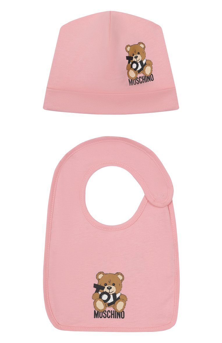 Детский комплект из шапки и нагрудника MOSCHINO розового цвета, арт. MUY081/LCA19 | Фото 1 (Материал: Хлопок, Текстиль; Нос: Не проставлено; Тематический товар: Teddy Bear; Автоматизация состава: Проставлено)