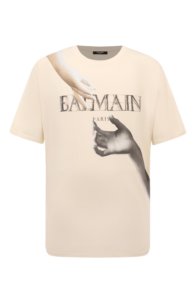 Мужская хлопковая футболка BALMAIN кремового цвета, арт. AH0EG010/GC81 | Фото 1 (Рукава: Короткие; Длина (для топов): Стандартные; Материал внешний: Хлопок; Принт: С принтом; Стили: Спорт-шик; Мужское Кросс-КТ: Футболка-одежда; Кросс-КТ: Джерси; Автоматизация состава: Проставлено; Автоматизация ТО: Проставлено; Детали: Без декора)