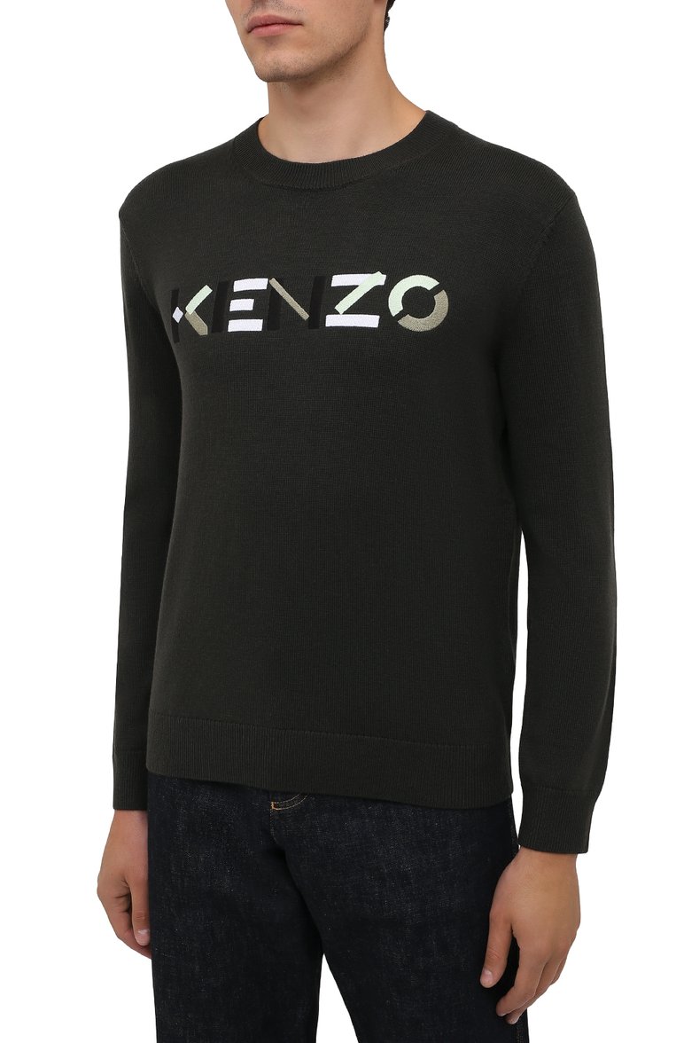 Мужской шерстяной джемпер KENZO серого цвета, арт. FB65PU6393LA | Фото 3 (Длина (для топов): Стандартные; Материал внешний: Шерсть; Рукава: Длинные; Мужское Кросс-КТ: Джемперы; Вырез: Круглый; Принт: С принтом; Стили: Кэжуэл)