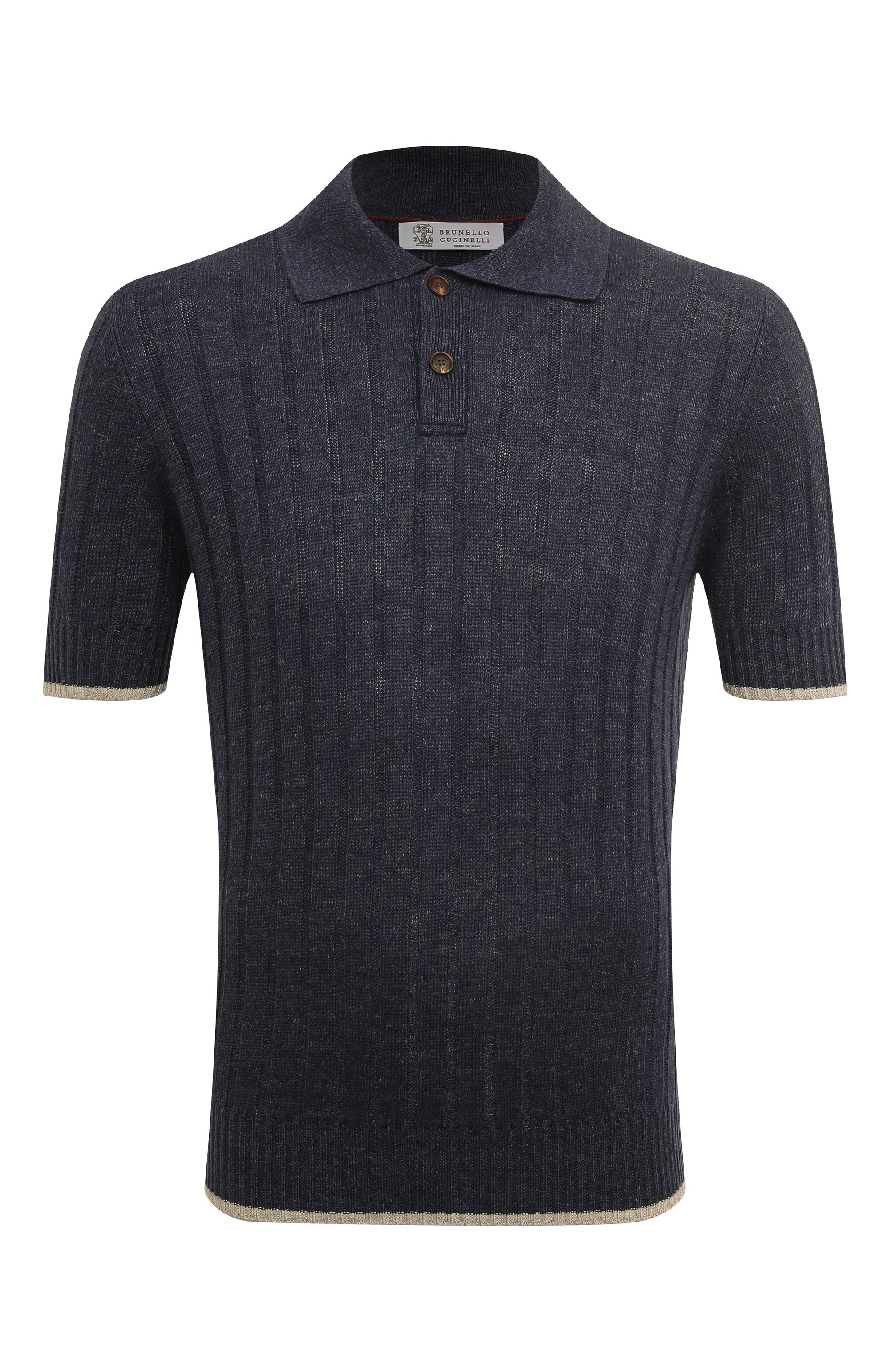 Поло изо льна и хлопка BRUNELLO CUCINELLI темно-синего цвета по цене 128500 руб., арт. M2L70B2256, фото 1 Поло изо льна и хлопка BRUNELLO CUCINELLI, арт. M2L70B2256, фото 1