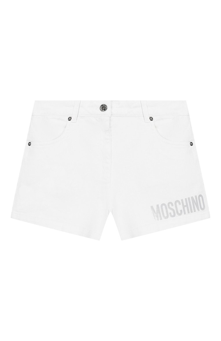 Детские джинсовые шорты MOSCHINO белого цвета, арт. HDP03C/LTC02/10A-14A | Фото 1 (Материал внешний: Хлопок, Деним; Статус проверки: Проверена категория; Девочки Кросс-КТ: Шорты-одежда; Кросс-КТ: Деним; Материал сплава: Проставлено; Нос: Не проставлено; Ростовка одежда: 10 - 11 лет | 140 - 146см, 12 лет | 152 см, 13 - 15 лет | 158 см)