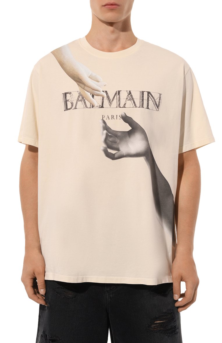 Мужская хлопковая футболка BALMAIN кремового цвета, арт. AH0EG010/GC81 | Фото 3 (Рукава: Короткие; Длина (для топов): Стандартные; Материал внешний: Хлопок; Принт: С принтом; Стили: Спорт-шик; Мужское Кросс-КТ: Футболка-одежда; Кросс-КТ: Джерси; Автоматизация состава: Проставлено; Автоматизация ТО: Проставлено; Детали: Без декора)
