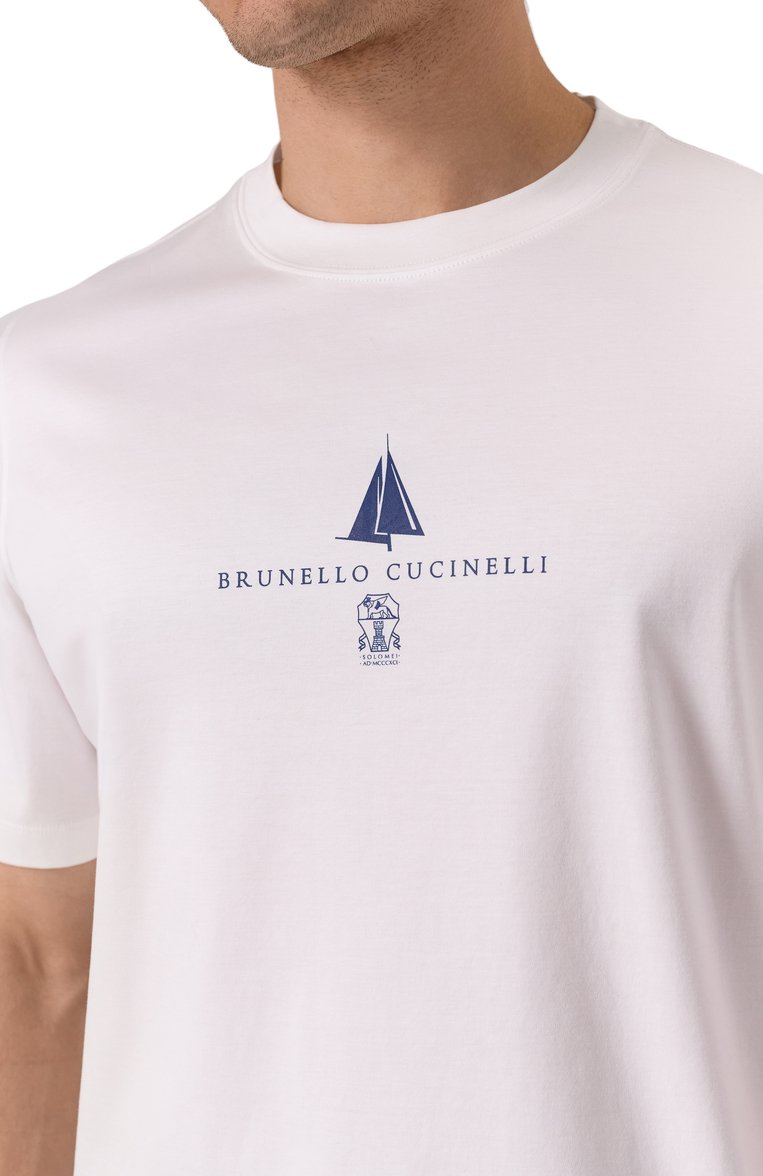 Мужская хлопковая футболка BRUNELLO CUCINELLI белого цвета, арт. M0B138476P | Фото 5 (Длина (для топов): Стандартные; Автоматизация ТО: Проставлено; Автоматизация состава: Проставлено; Рукава: Короткие; Материал внешний: Хлопок; Принт: С принтом; Детали: Без декора; Мужское Кросс-КТ: Футболка-одежда; Стили: Кэжуэл)
