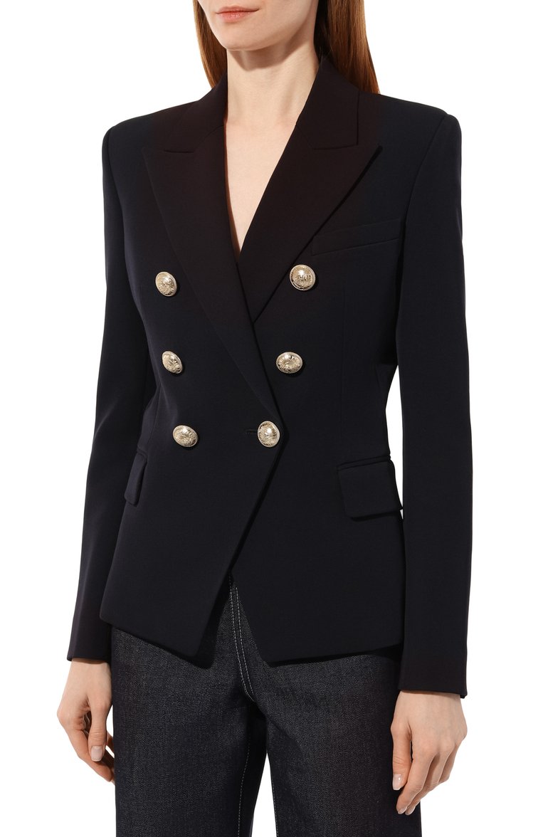 Женский шерстяной жакет BALMAIN темно-синего цвета, арт. SF17183W034 | Фото 3 (Длина (для топов): Стандартные; Материал внешний: Шерсть; Рукава: Длинные; Материал подклада: Вискоза; Стили: Кэжуэл; 1-2-бортные: Двубортные; Женское Кросс-КТ: Жакет-одежда)