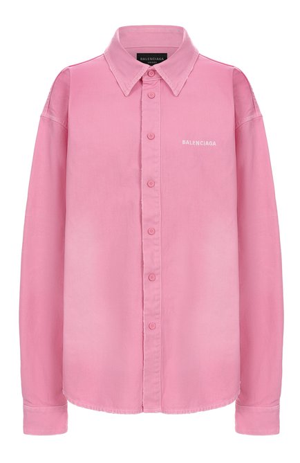 Женская джинсовая рубашка BALENCIAGA розового цвета, арт. 822840/TRWB1 | Фото 1 (Длина (для топов): Удлиненные; Материал внешний: Хлопок; Женское Кросс-КТ: Рубашка-одежда; Материал сплава: Проставлено; Рукава: Длинные; Драгоценные камни: Проставлено)