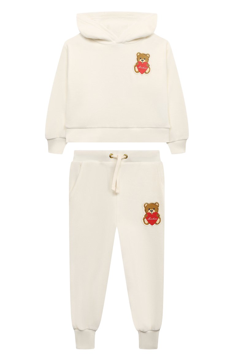Детская комплект из худи и брюк MOSCHINO белого цвета, арт. HDK02L/LGA07/10A-14A | Фото 1 (Материал внешний: Хлопок; Рукава: Длинные; Девочки Кросс-КТ: Костюмы-спорт)