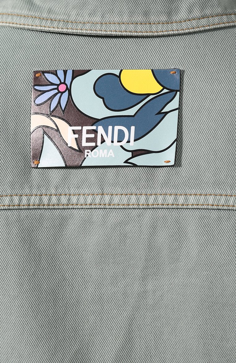 Женская джинсовая куртка FENDI светло-зеленого цвета, арт. FLF604 A5YV | Фото 6 (Материал внешний: Хлопок, Д�еним; Рукава: Длинные; Длина (верхняя одежда): Короткие; Кросс-КТ: Куртка, Деним, Легкие; Драгоценные камни: Проставлено; Материал сплава: Проставлено)