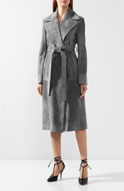 Кожаное пальто с поясом CELINE серого цвета по цене 634000 руб., арт. 28W556319, фото 3 Кожаное пальто с поясом CELINE, арт. 28W556319, фото 3