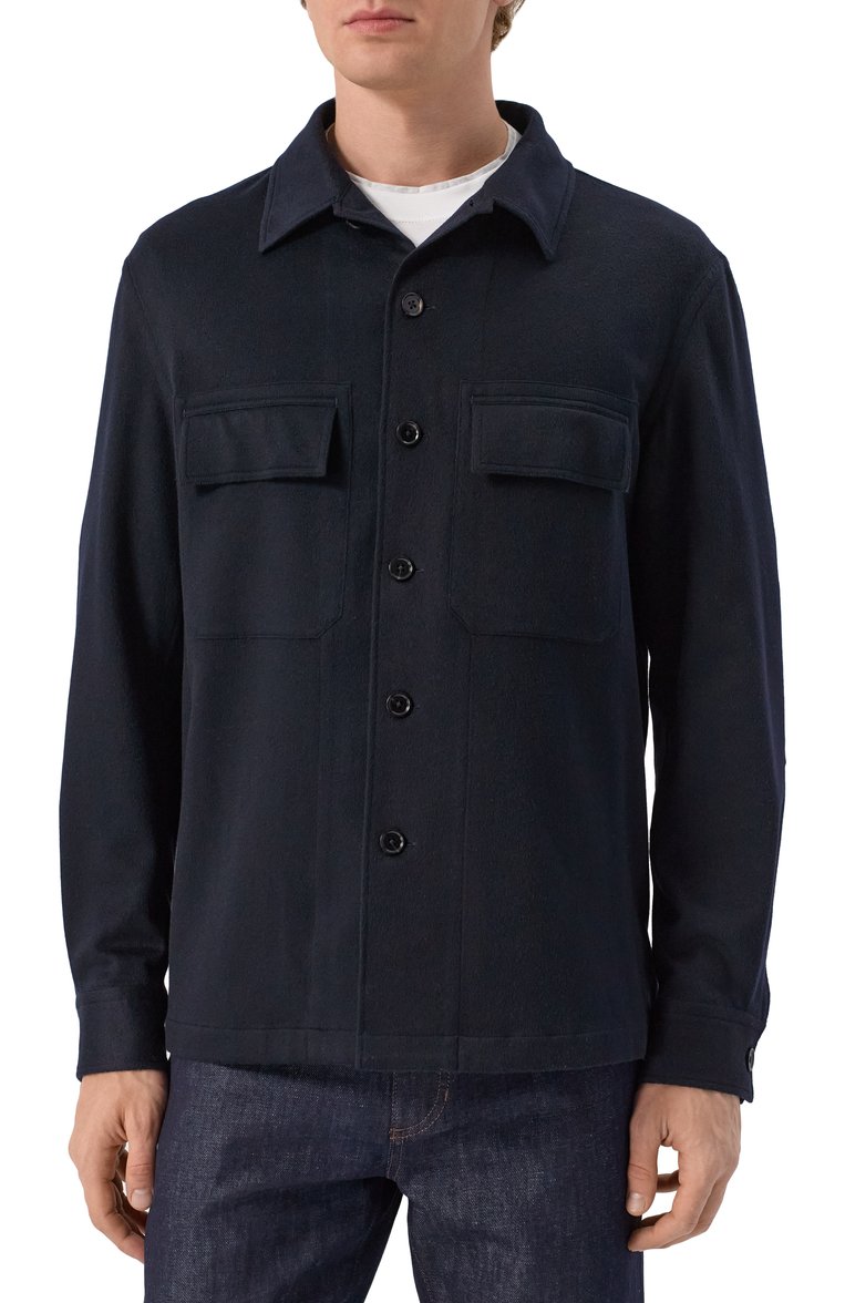 Мужская кашемировая куртка-рубашка ZEGNA темно-синего цвета, арт. S0T6B/E8V46 | Фото 3 (Длина (верхняя одежда): Короткие; Материал подклада: Синтетический материал; Материал внешний: Шерсть, Кашемир; Рукава: Длинные; Стили: Кэжуэл; Мужское Кросс-КТ: Куртка-рубашка, шерсть и кашемир; Кросс-КТ: Куртка, Легкие)