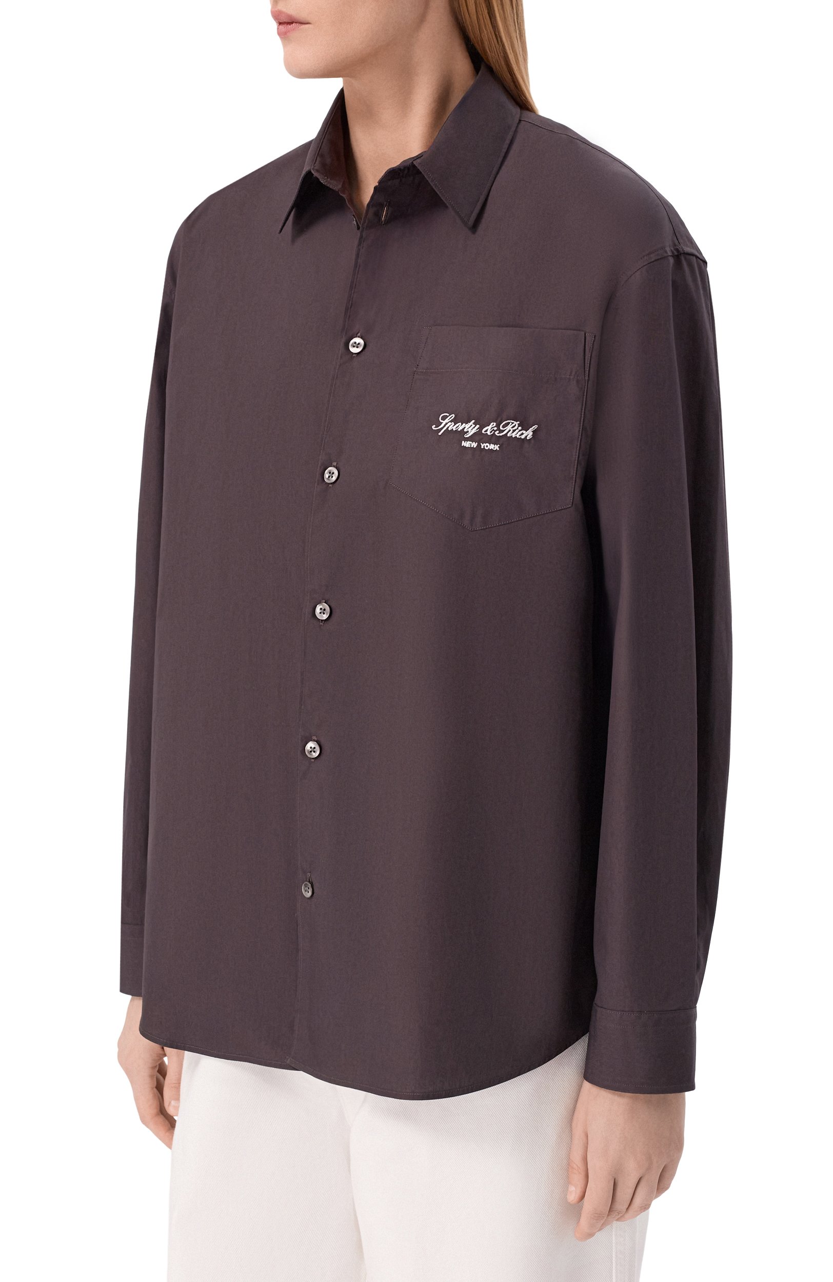 Хлопковая рубашка SPORTY AND RICH коричневого цвета по цене 31450 руб., арт. SI006711329BR29, фото 3 Хлопковая рубашка SPORTY AND RICH, арт. SI006711329BR29, фото 3