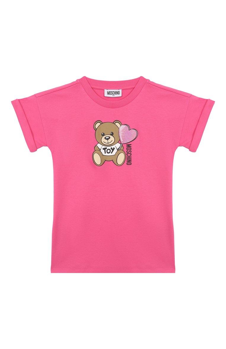 Детское х�лопковое платье MOSCHINO фуксия цвета, арт. HDV0G9/LAA40/4-8 | Фото 1 (Материал внешний: Хлопок; Рукава: Короткие; Девочки Кросс-КТ: Платье-одежда; Случай: Повседневный; Тематический товар: Teddy Bear; Автоматизация состава: Проставлено; Автоматизация ТО: Проставлено; Ростовка одежда: 5 лет | 110 см, 8 лет | 128 см, 6 лет | 116 см, 4 года | 104 см)