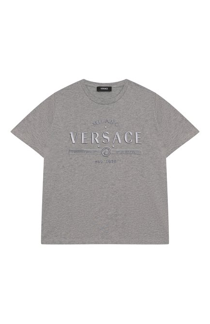 Детская хлопковая футболка VERSACE серого цвета, арт. 1018293/1A13085/8A-14A | Фото 1 (Рукава: Короткие; Материал сплава: Проставлено; Драгоценные камни: Проставлено; Материал внешний: Хлопок)