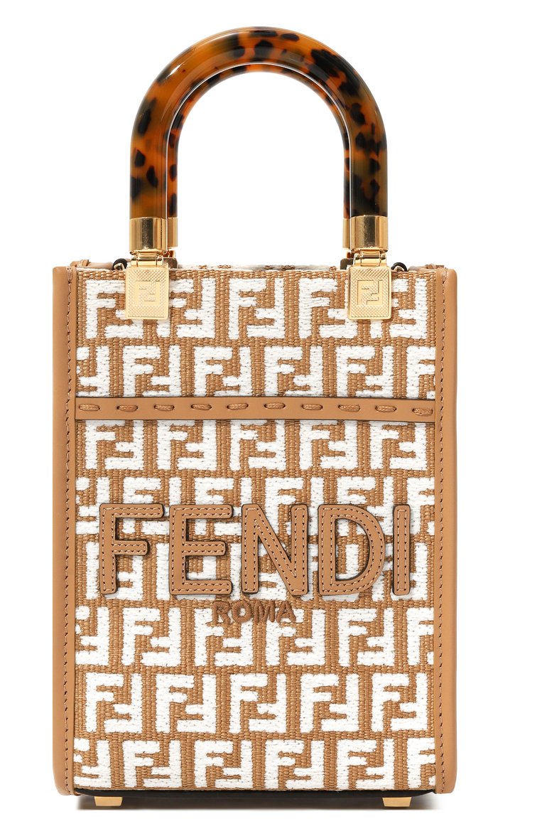 Женская сумка sunshine mini FENDI коричневого цвета, арт. 8BS051 AQ0X | Фото 1 (Материал: Текстиль; Материал сплава: Проставлено; Размер: mini; Ремень/цепочка: На ремешке; Драгоценные камни: Проставлено)