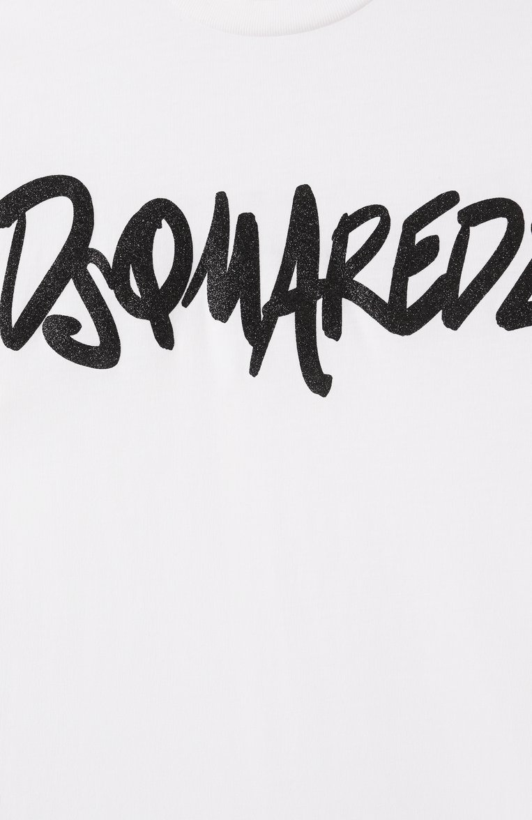 Детская хлопковая футболка DSQUARED2 белого цвета, арт. DQ2714/D0ACY | Фото 3 (Драгоценные камни: Проставлено; Рукава: Короткие; Материал сплава: Проставлено; Девочки Кросс-КТ: футболка-одежда; Материал внешний: Хлопок; Ростовка одежда: 4 года | 104 см, 8 лет | 128 см, 10 - 11 лет | 140 - 146см, 13 - 15 лет | 158 см, 6 лет | 116 см, 16 лет | 164 см)