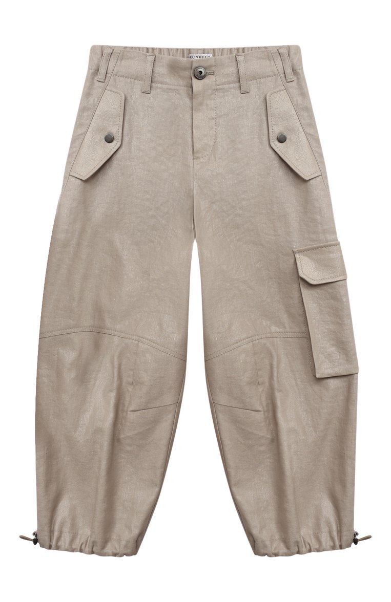 Детские брюки из хлопка и льна BRUNELLO CUCINELLI бежевого цвета, арт. BH500S286A | Фото 1 (Нос: Не проставлено; Материал сплава: Проставлено; Материал внешний: Лен, Хлопок; Случай: Повседневный; Ростовка одежда: 6 лет | 116 см, 4 года | 104 см)