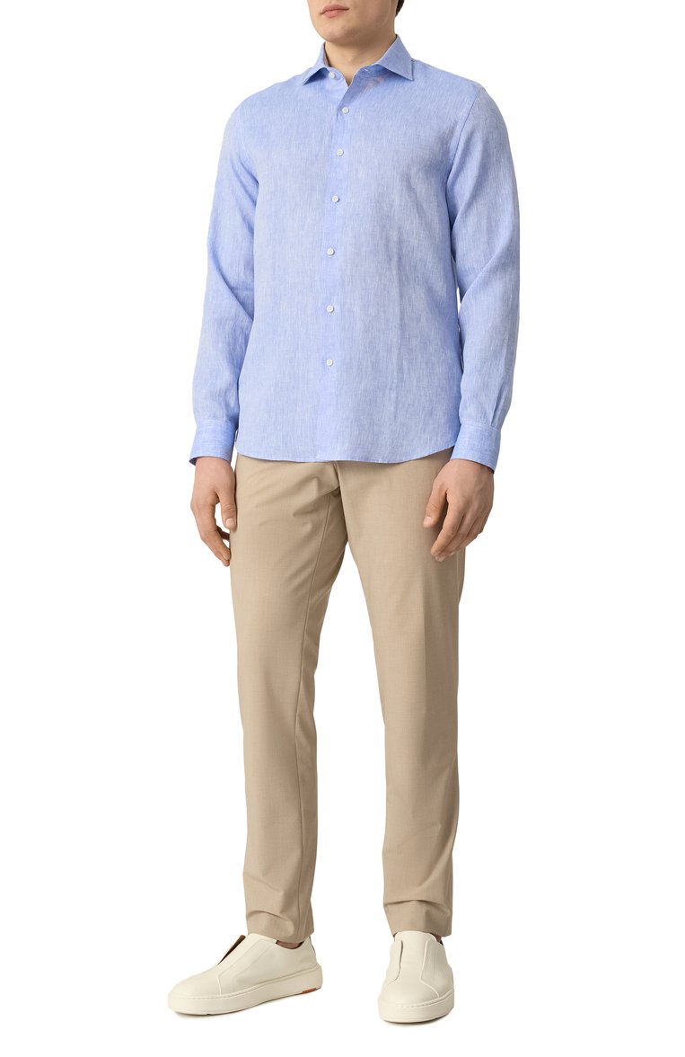 Мужская льняная рубашка FEFE` голубого цвета, арт. LINEN SHIRT/CL106 | Фото 2 (Рукава: Длинные; Материал внешний: Лен; Длина (для топов): Стандартные; Принт: Однотонные; Рубашки М: Regular Fit; Манжеты: На пуговицах; Случай: Повседневный; Воротник: Акула; Стили: Кэжуэл; Автоматизация ТО: Проставлено; Детали: Без декора; Автоматизация состава: Проставлено)