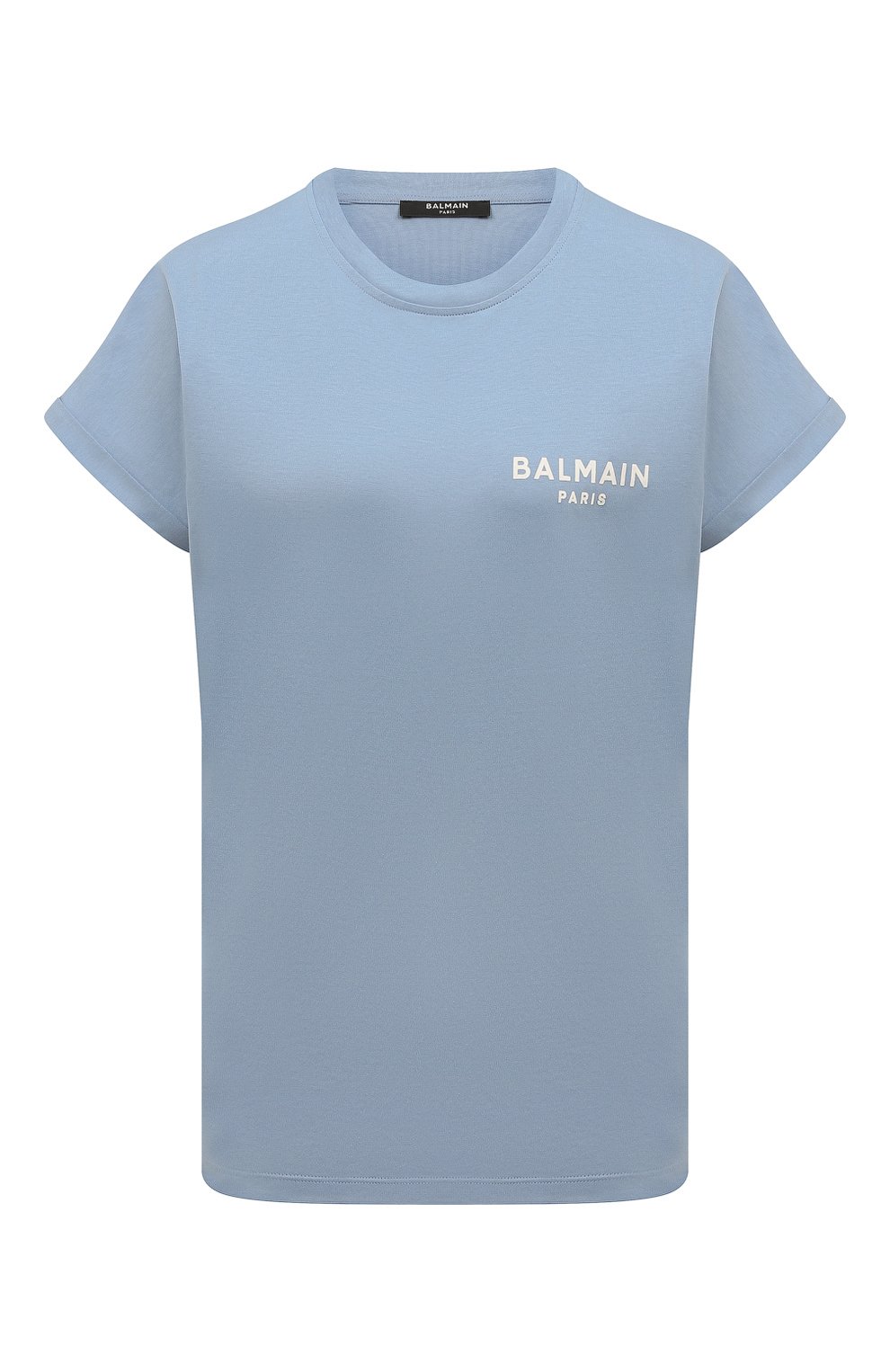 Хлопковая футболка BALMAIN голубого цвета по цене 35150 руб., арт. CF1EF010/BB01, фото 1 Хлопковая футболка BALMAIN, арт. CF1EF010/BB01, фото 1