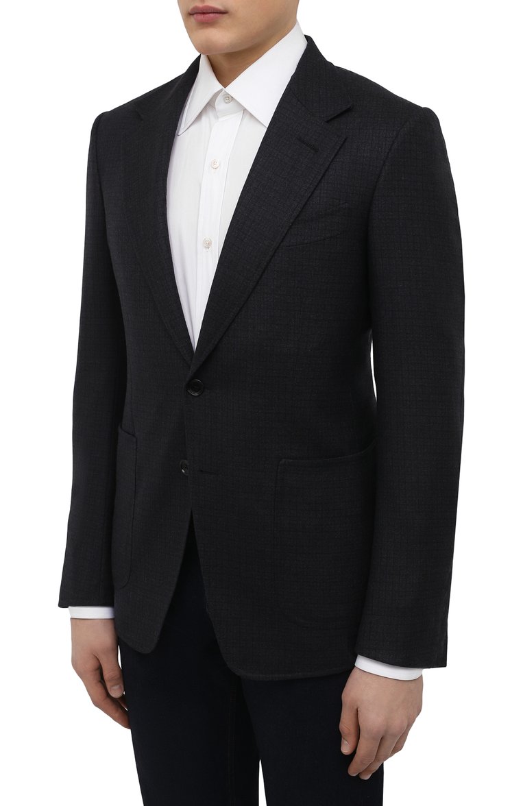 Мужской шерстяной пиджак TOM FORD темно-синего цвета, арт. 322R61/10SP40 | Фото 3 (Материал подклада: Шелк, Купро; Длина (для топов): Стандартные; Материал внешний: Шерсть; Рукава: Длинные; Случай: Формальный; Стили: Классический; 1-2-бортные: Однобортные; Пиджаки М: Приталенный; Драгоценные камни: Проставлено; Материал сплава: Проставлено)