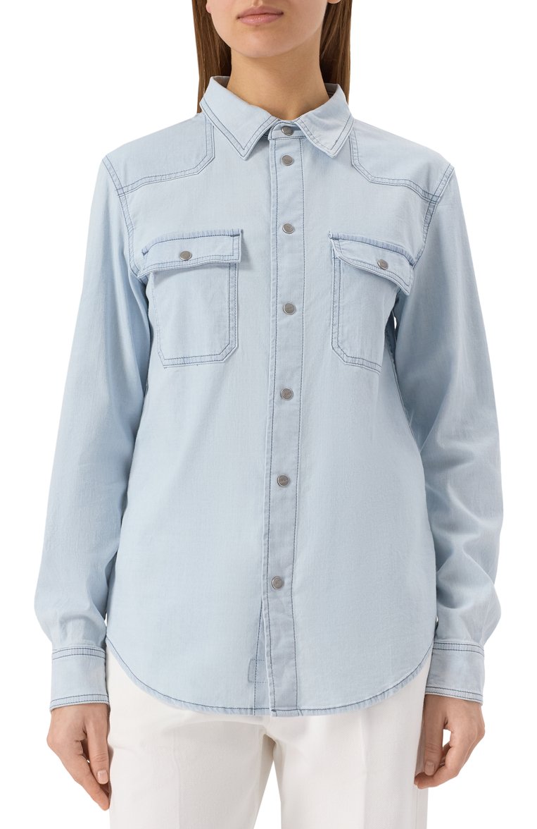 Женская джинсовая рубашка KITON голубого цвета, арт. DJ59401K0931F01 | Фото 3 (Материал внешний: Хлопок, Деним; Рукава: Длинные; Автоматизация состава: Проставлено; Автоматизация ТО: Проставлено; Длина (для топов): Стандартные; Принт: Без принта; Женское Кросс-КТ: Рубашка-одежда; Кросс-КТ: Деним; Стили: Кэжуэл)