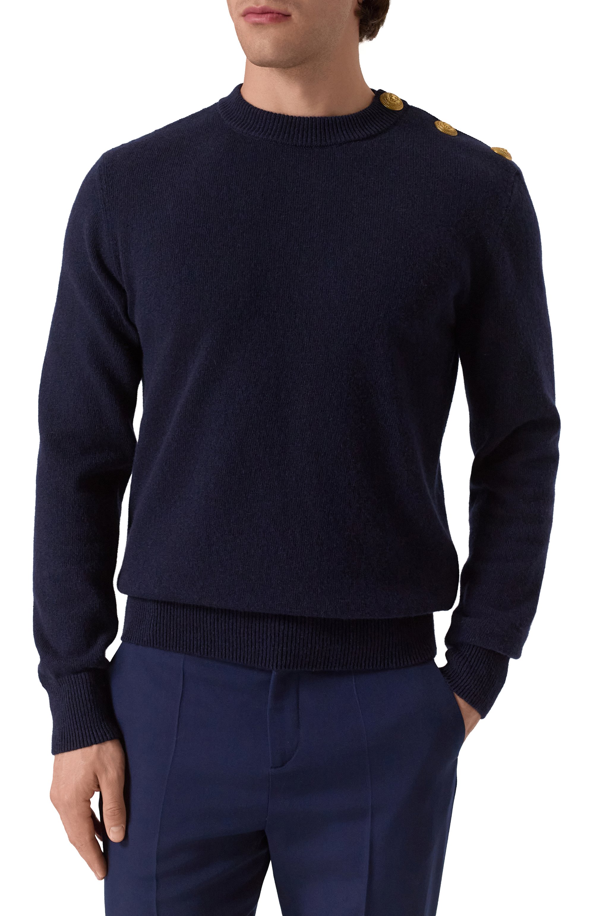 Джемпер из кашемира и шерсти BALMAIN темно-синего цвета по цене 157000 руб., арт. FH1KD010/KI87, фото 3 Джемпер из кашемира и шерсти BALMAIN, арт. FH1KD010/KI87, фото 3