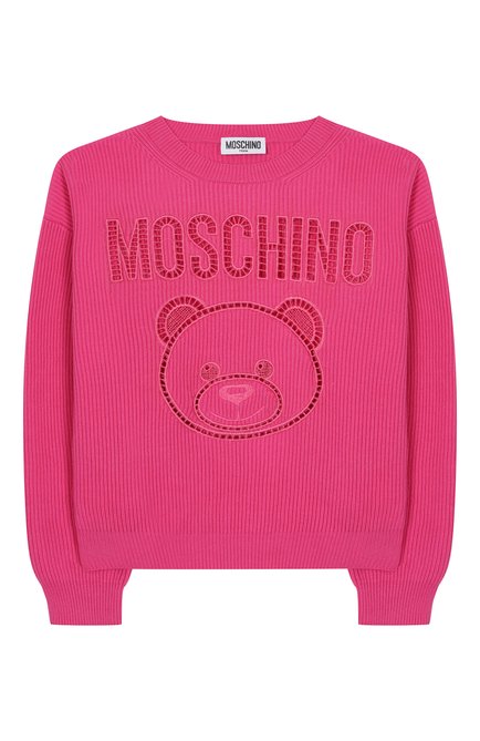 Детский хлопковый пуловер MOSCHINO фуксия цвета, арт. HUW019/LHE60/4-8 | Фото 1 (Рукава: Длинные; Материал внешний: Хлопок; Драгоценные камни: Проставлено; Материал сплава: Проставлено)