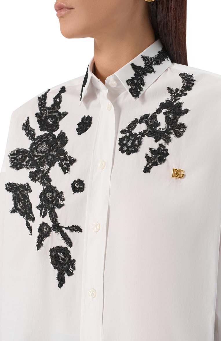 Женская хлопковая рубашка DOLCE & GABBANA белого цвета, арт. F5T39T/GDB80 | Фото 5 (Рукава: Длинные; Материал внешний: Хлопок; Длина (для топов): Удлиненные; Женское Кросс-КТ: Рубашка-одежда; Принт: Без принта; Стили: Классический; Размерность: Товар большемерит; Автоматизация ТО: Проставлено; Автоматизация состава: Проставлено)