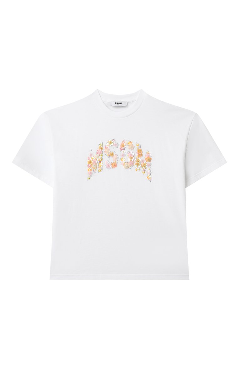Детская хлопковая футболка MSGM KIDS белого цвета, арт. S5MSJGTH105 | Фото 1 (Рукава: Короткие; Материал сплава: Проставлено; Драгоценные камни: Проставлено; Девочки Кросс-КТ: футболка-одежда; Материал внешний: Хлопок; Ростовка одежда: 6 лет | 116 см, 8 лет | 128 см, 10 - 11 лет | 140 - 146см, 12 лет | 152 см, 13 - 15 лет | 158 см)