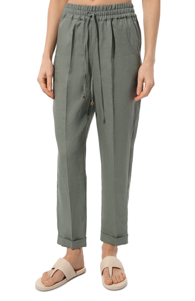 Женские льняные брюки KITON хаки цвета, арт. D37102K0961C | Фото 3 (Длина (брюки, джинсы): Стандартные; Материал внешний: Лен; Стили: Кэжуэл; Женское Кросс-КТ: Брюки-одежда; Силуэт Ж (брюки и джинсы): Прямые; Автоматизация ТО: Проставлено; Автоматизация состава: Проставлено)