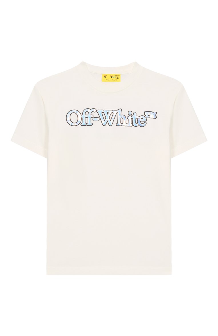 Детская хлопковая футболка OFF-WHITE молочного цвета, арт. 0GAA001S25JER001/4-12 | Фото 1 (Автоматизация состава: Проставлено; Автоматизация ТО: Проставлено; Материал внешний: Хлопок; Рукава: Короткие; Девочки Кросс-КТ: футболка-одежда, Футболка-спорт; Ростовка одежда: 4 года | 104 см, 8 лет | 128 см, 6 лет | 116 см, 12 лет | 152 см, 10 - 11 лет | 140 - 146см)