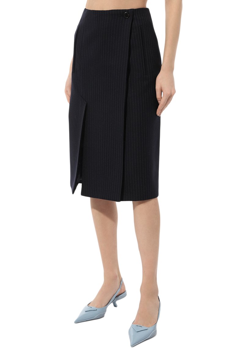 Женская шерстяная юбка PRADA синего цвета, арт. P122T-1ZJ7-F0124-212 | Фото 3 (Материал внешний: Шерсть; Длина Ж (юбки, платья, шорты): Миди; Стили: Классический)