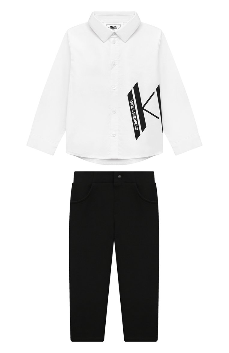 Детский комплект из рубашки и брюк KARL LAGERFELD KIDS черно-белого цвета, арт. Z30294 | Фото 1 (Нос: Не проставлено; Материал спл�ава: Проставлено; Кросс-КТ НВ: Костюм; Ростовка одежда: 24 мес | 92 см)