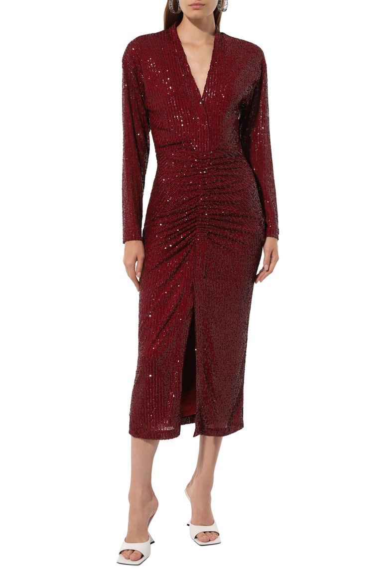 Женское платье с отделкой пайетками IN THE MOOD FOR LOVE бордового цвета, арт. PF2400100012 | Фото 2 (Рукава: Длинные; Длина Ж (юбки, платья, шорты): Миди; Материал внешний: Синтетический материал; Случай: Вечерний; Женское Кросс-КТ: Платье-одежда; Стили: Гламурный)