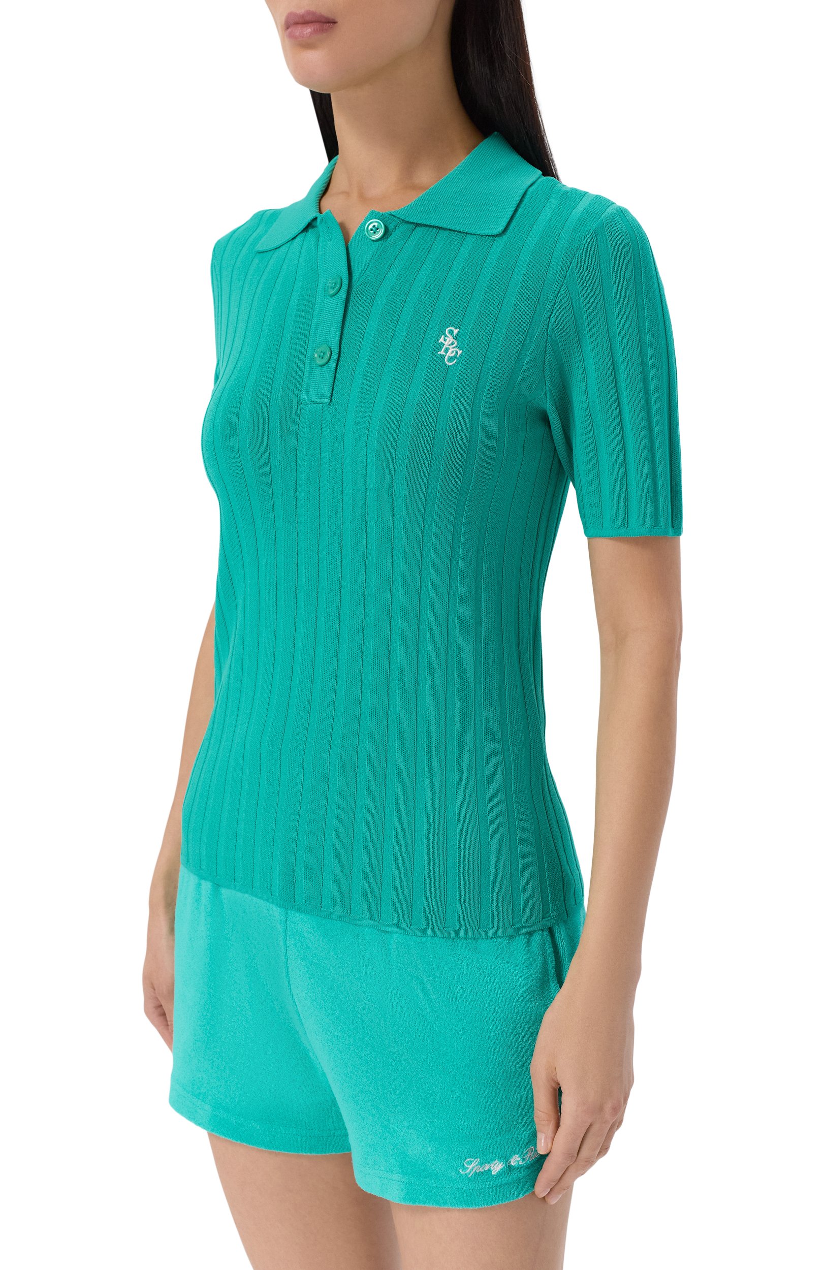 Поло из вискозы SPORTY AND RICH зеленого цвета по цене 28600 руб., арт. WS069712302GR02, фото 3 Поло из вискозы SPORTY AND RICH, арт. WS069712302GR02, фото 3