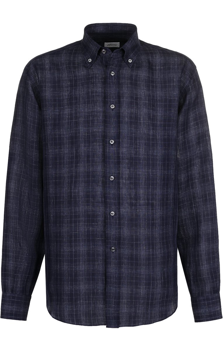 Мужская хлопковая рубашка с воротником button down BRIONI темно-синего цвета, арт. SC020Q/P7139 | Фото 1 (Длина (для топов): Стандартные; Материал внешний: Лен; Рукава: Длинные; Статус проверки: Проверено, Проверена категория; Случай: Повседневный; Принт: Клетка; Воротник: Button down; Манжеты: На пуговицах; Стили: Кэжуэл)
