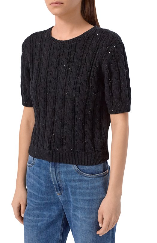 Хлопковый свитер Frame Denim WP26KSW026/THE SEQUIN GATHERED SWEATER Чёрный  WP26KSW026/THE SEQUIN GATHERED SWEATER Фото 3