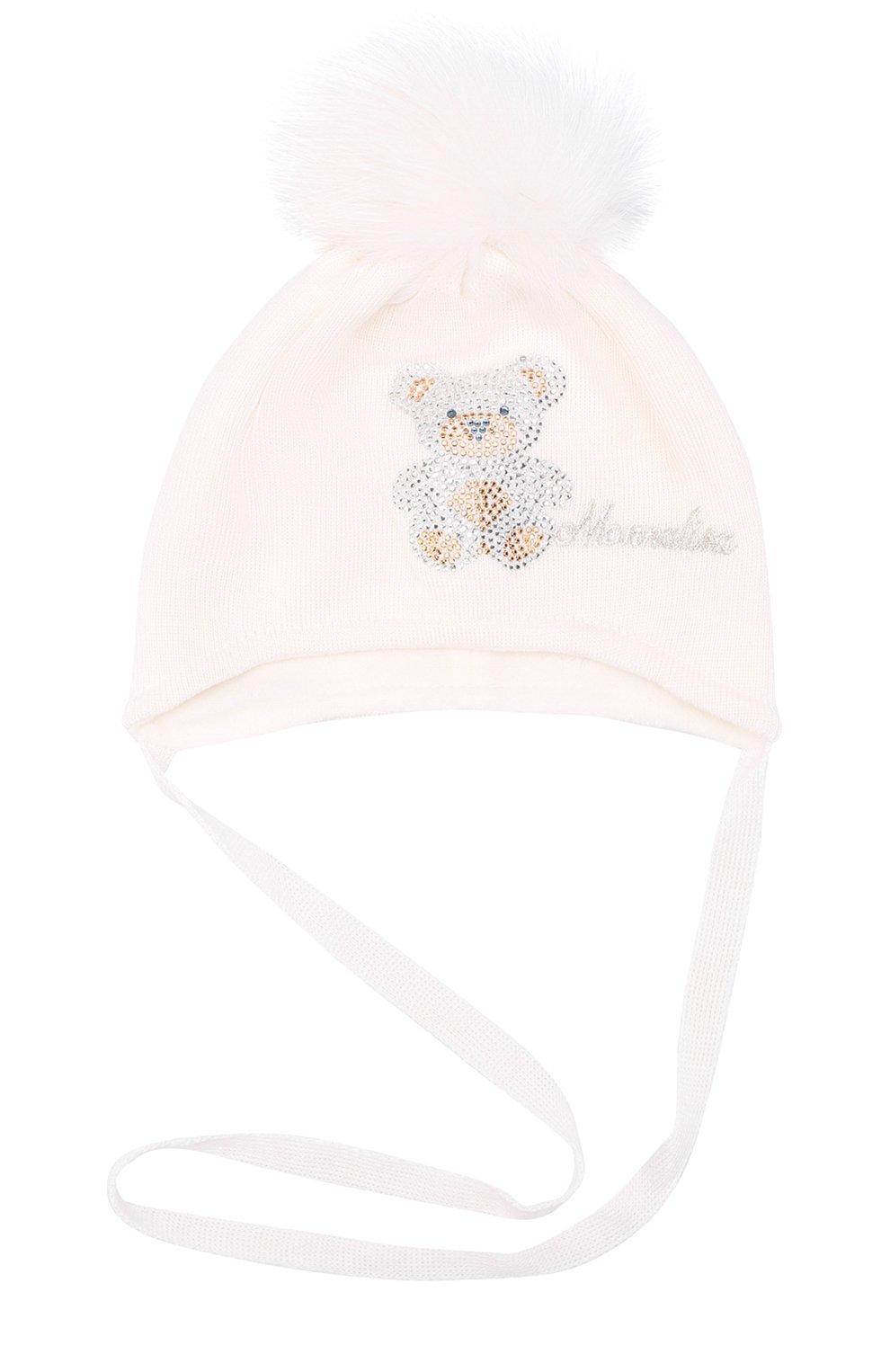 Вязаная шапка со стразами и меховым помпоном MONNALISA белого цвета по цене 8430 руб., арт. 390005AH, фото 1 Вязаная шапка со стразами и меховым помпоном MONNALISA, арт. 390005AH, фото 1