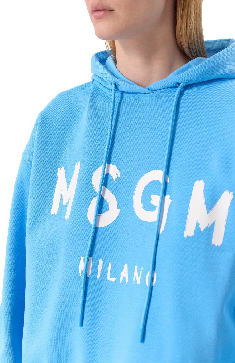 Женский хлопковое худи MSGM голубого цвета, арт. 3841MDM515/257000 | Фото 5 (Материал сплава: Проставлено; Длина (для топов): Стандартные; Драгоценные камни: Проставлено; Рукава: Длинные; Женское Кросс-КТ: Худи-одежда; Стили: Спорт-шик; Материал внешний: Хлопок)