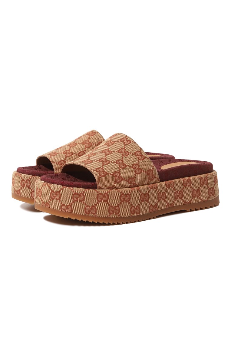 Женские текстильные сабо GUCCI коричневого цвета, арт. 573018 KQW00 | Фото 1 (Подошва: Платформа; Материал внешний: Текстиль; Каблук тип: Устойчивый; Региональные ограничения белый список (Axapta Mercury): Не проставлено; Нос: Не проставлено)