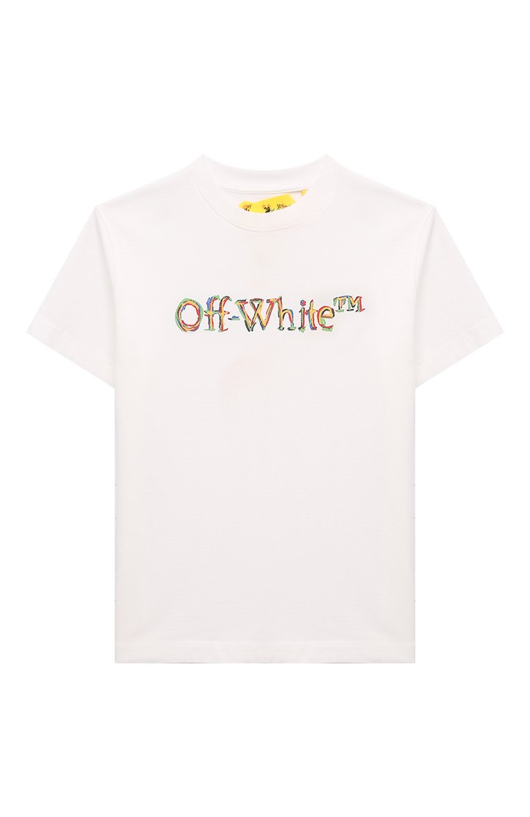 Детская хлопковая футболка OFF-WHITE молочного цвета, арт. 0BAA002S24JER005/12-12+ | Фото 1 (Материал сплава: Проставлено; Материал внешний: Хлопок; Рукава: Короткие; Драгоценные камни: Проставлено; Мальчики Кросс-КТ: Футболка-одежда; Ростовка одежда: 12 лет | 152 см)