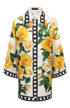 Женская шелковая блузка DOLCE & GABBANA желтого цвета, арт. F5Q42T/GDA9C | Фото 1 (Материал сплава: Проставлено; Материал внешний: Шелк; Рукава: Длинные; Драгоценные камни: Проставлено; Длина (для топов): Удлиненные; Принт: С принтом; Женское Кросс-КТ: Блуза-одежда; Стили: Кэжуэл)
