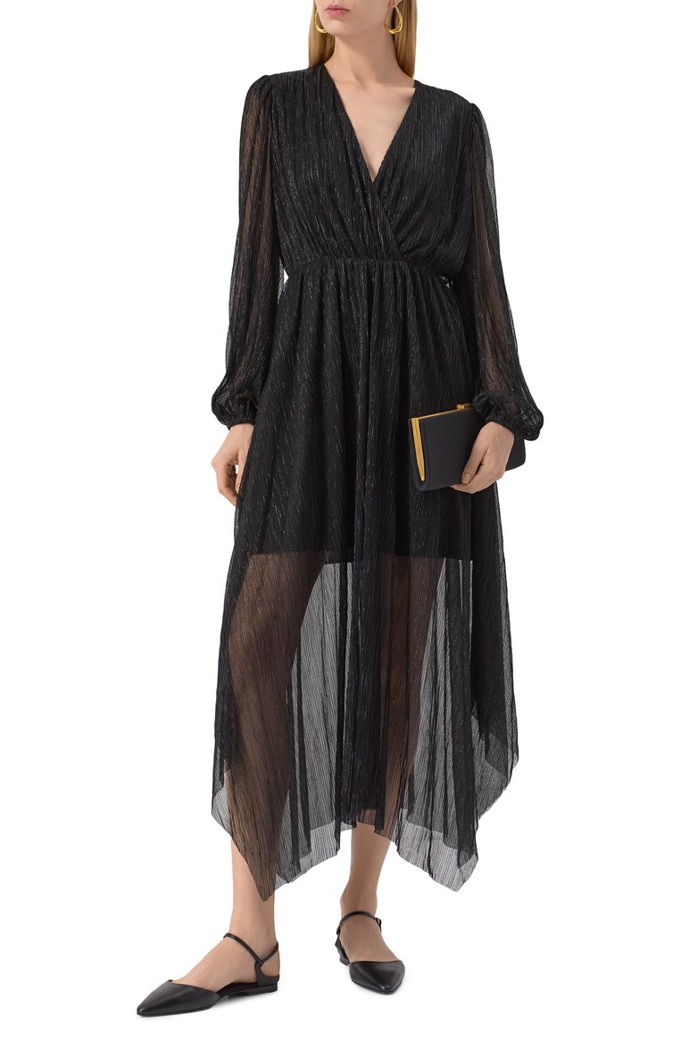 Женское платье THE KOOPLES черного цвета, арт. FR0B30088K | Фото 2 (Материал внешний: Металлизированное волокно, Синтетический материал; Рукава: Длинные; Длина Ж (ю�бки, платья, шорты): Миди; Случай: Повседневный; Женское Кросс-КТ: Платье-одежда; Стили: Гранж)