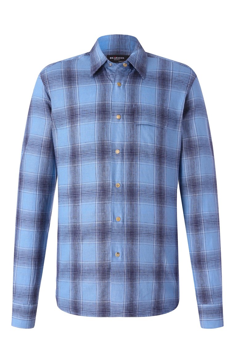 Мужская льняная рубашка KITON голубого цвета, арт. UMCBUBAH0926401_5XL-8XL | Фото 1 (Материал внешний: Лен; Автоматизация ТО: Проставлено; Рукава: Длинные; Длина (для топов): Удлиненные; Автоматизация состава: Проставлено; Манжеты: На кнопках; Случай: Повседневный; Стили: Кэжуэл; Принт: Клетка; Воротник: Кент; Детали: Без декора)