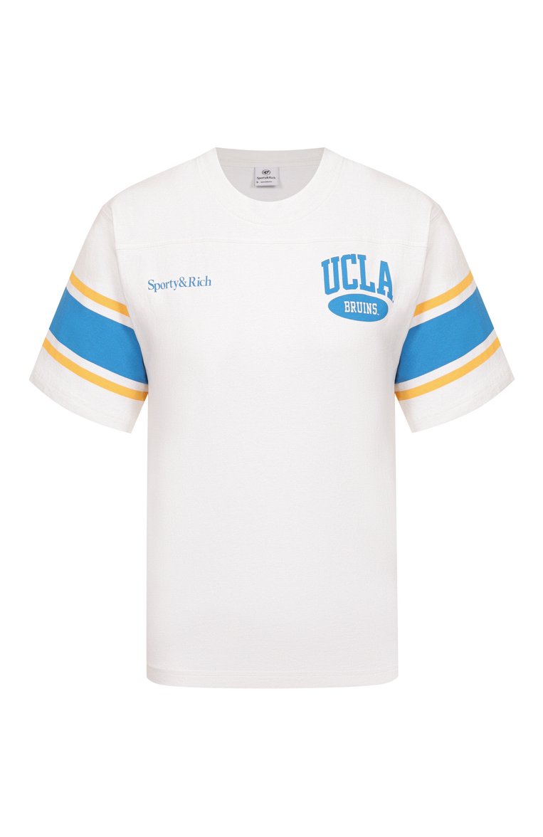 Женская хлопковая футболка sporty & rich x ucla SPORTY AND RICH белого цвета, арт. T0039615670WH01 | Фото 1 (Принт: С принтом; Детали: Без декора; Длина (для топов): Стандартные; Материал внешний: Хлопок; Рукава: Короткие; Стили: Спорт-шик; Автоматизация ТО: Проставлено; Автоматизация состава: Проставлено; Женское Кросс-КТ: Футболка-одежда)