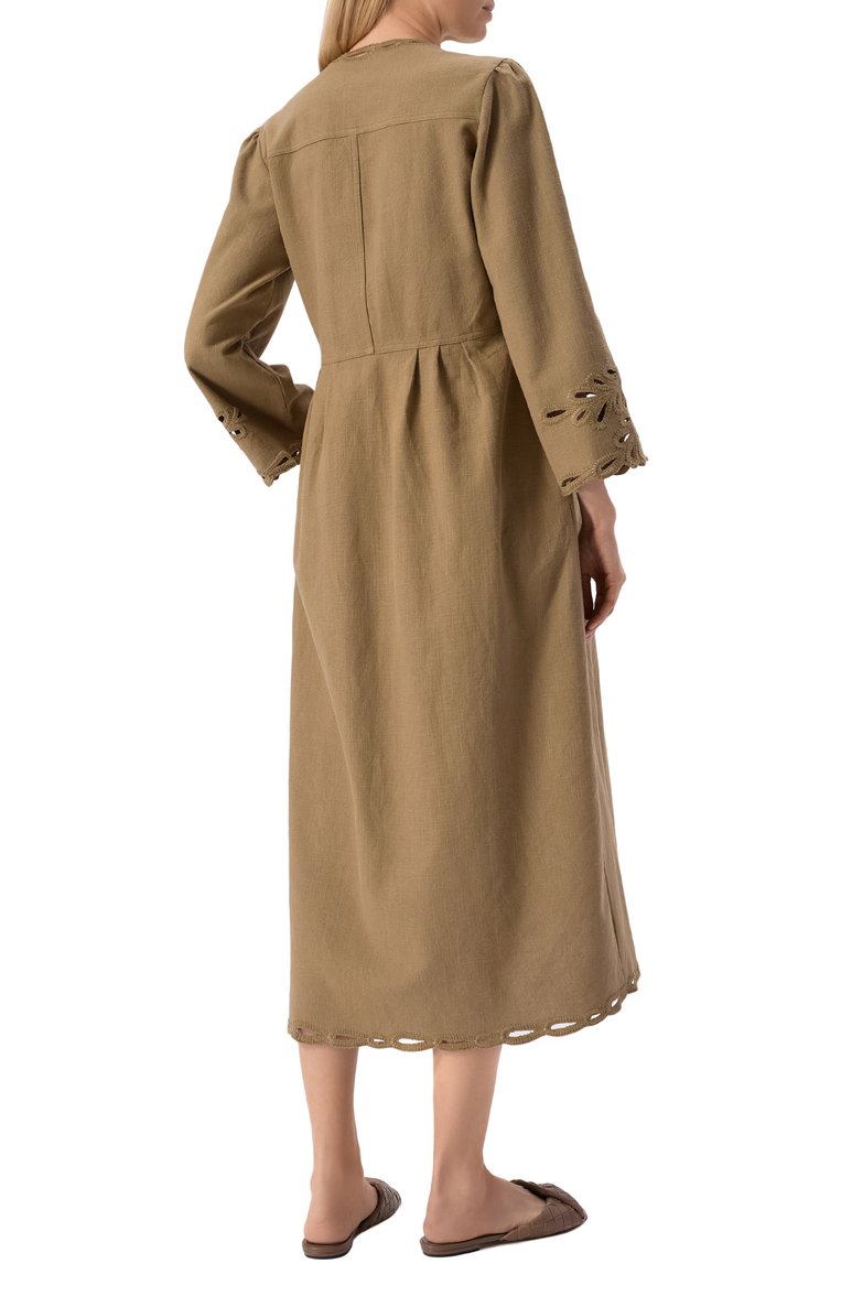 Женское хлопковое платье ISABEL MARANT ETOILE хаки цвета, арт. 25PR00656FA/C1J12E | Фото 4 (Длина Ж (юбки, платья, шорты): Миди; Материал внешний: Хлопок; Драгоценные камни: Проставлено; Материал сплава: Проставлено; Рукава: Длинные; Случай: Повседневный; Женское Кросс-КТ: Платье-одежда; Стили: Кэжуэл)