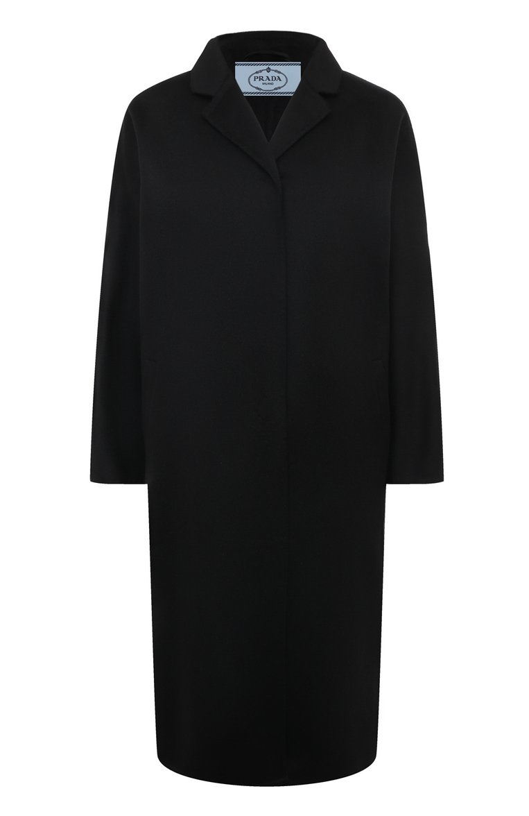 Женское шерстяное пальто PRADA черного цвета, арт. P692NL-1CRU-F0002-211 | Фото 1 (Материал внешний: Шерсть; Рукава: Длинные; Длина (верхняя одежда): До колена; 1-2-бортные: Однобортные; Стили: Классический)