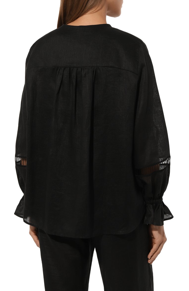 Женская льняная блузка KITON черного цвета, арт. D57461H05953 | Фото 4 (Материал внешний: Лен; Принт: Без принта; Женское Кросс-КТ: Блуза-одежда; Стили: Кэжуэл; Рукава: Длинные; Длина (для топов): Стандартные)
